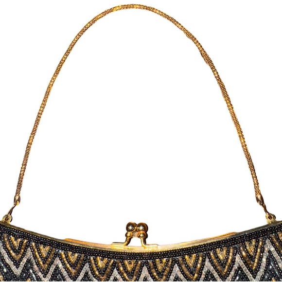 Vintage Beaded Elegant Black and Gold Chevron Clutch - Picture 3 of 4